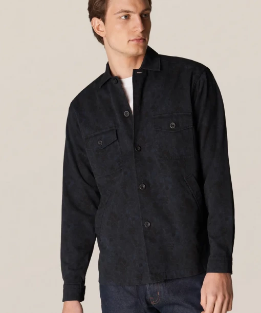 Off The Water Eton Dark Blue Floral Print Gabardine Overshirt