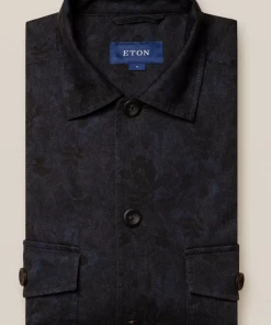 Off The Water Eton Dark Blue Floral Print Gabardine Overshirt